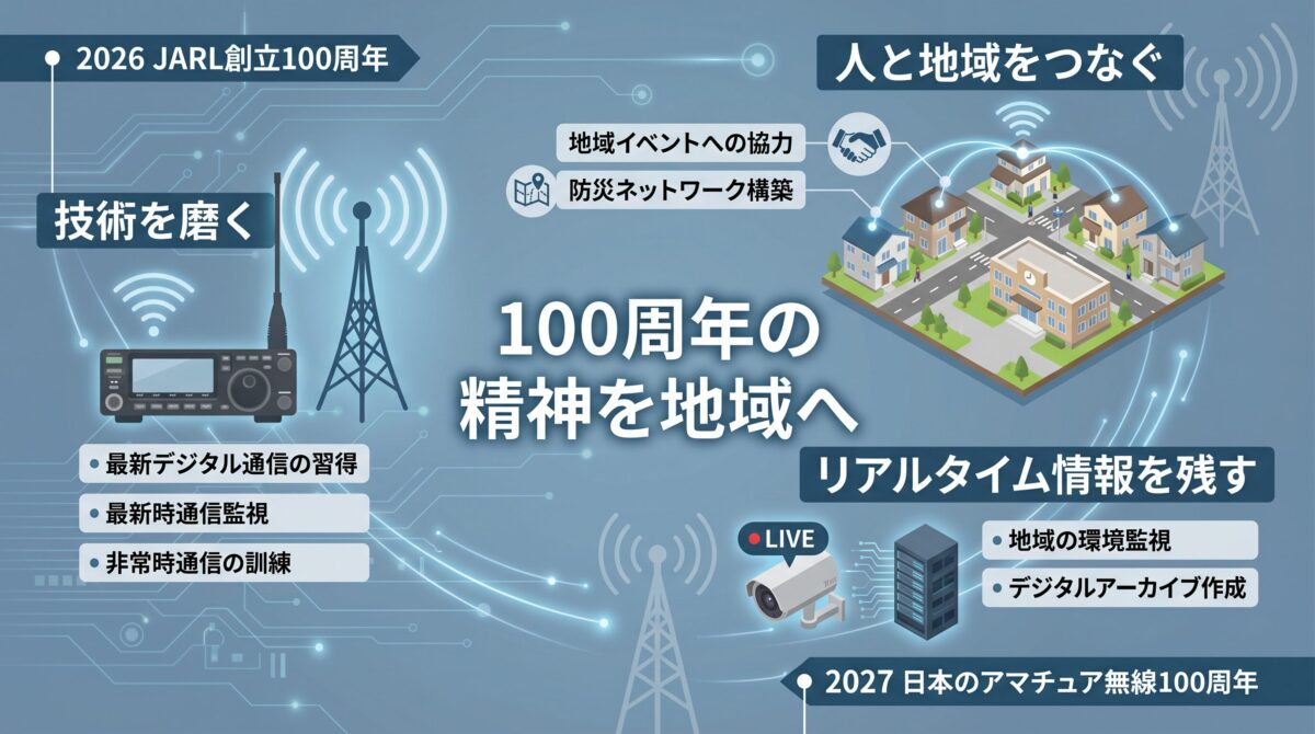 アマチュア無線100周年の精神を地域貢献とリアルタイム情報発信へつなぐ概念図