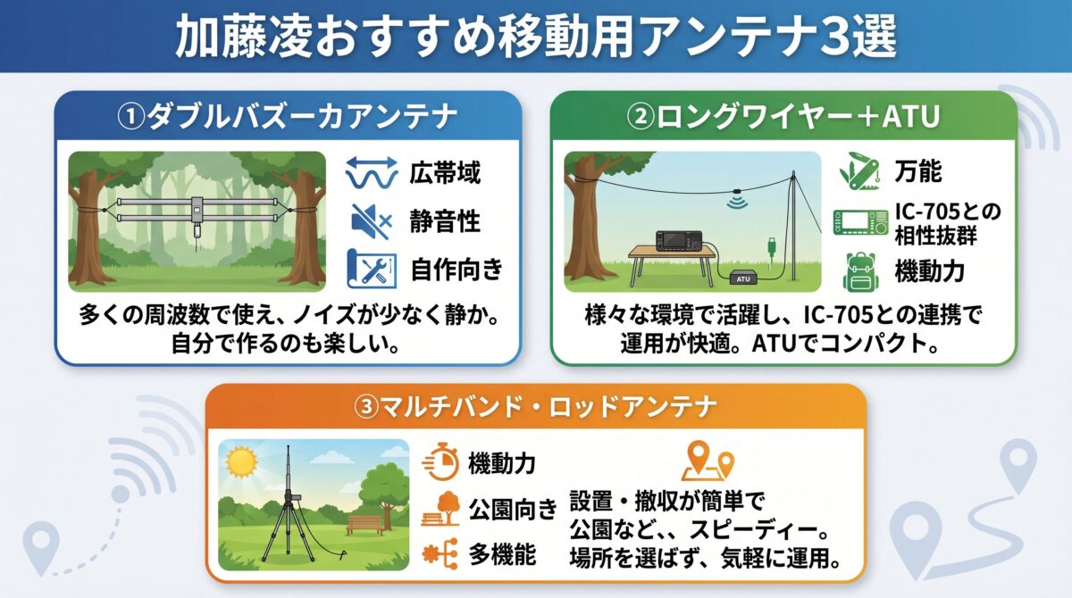 移動運用おすすめアンテナ3選を比較するインフォグラフィック