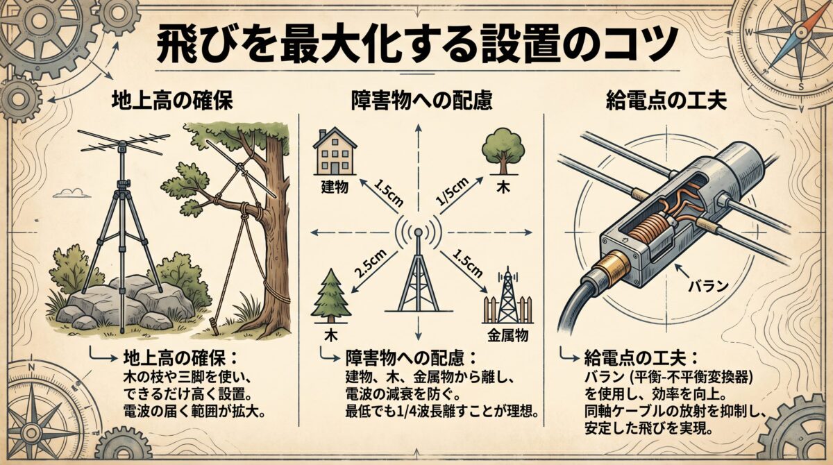 アンテナの「飛びを最大化する設置のコツ」を示すインフォグラフィック