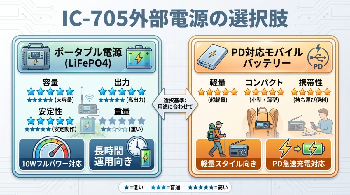 IC-705の外部電源選択肢を比較するインフォグラフィック