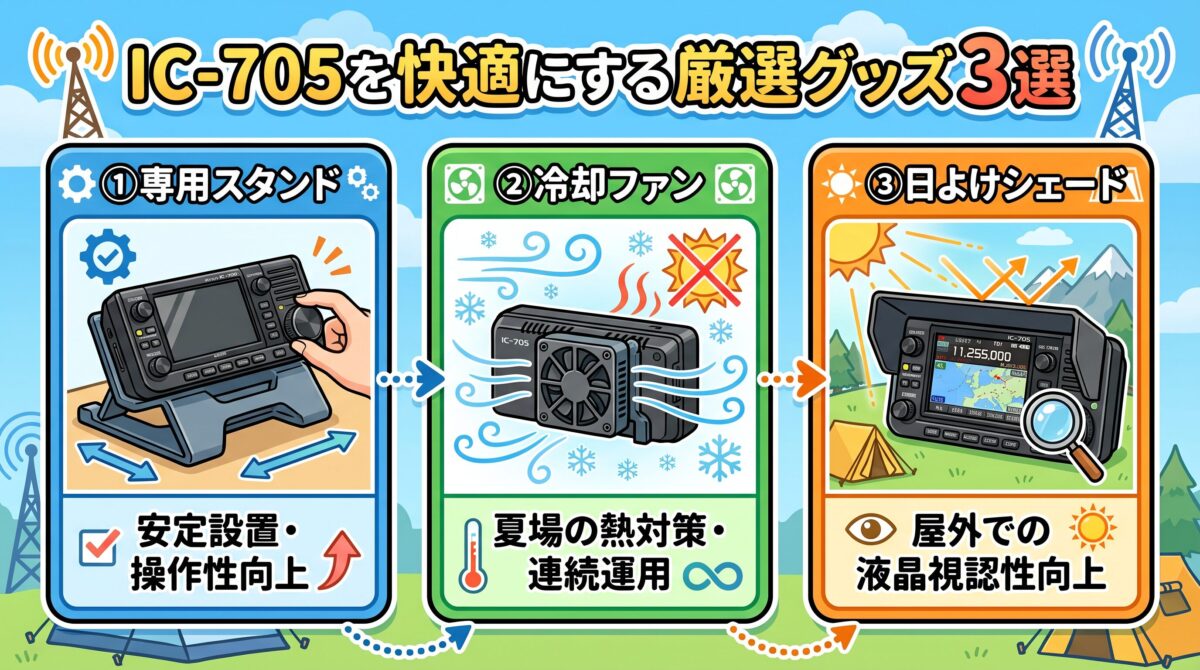 IC-705を快適にする周辺グッズを紹介するインフォグラフィック