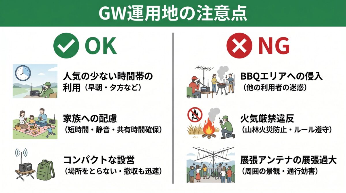 GWならではの運用地の注意点を示すインフォグラフィック