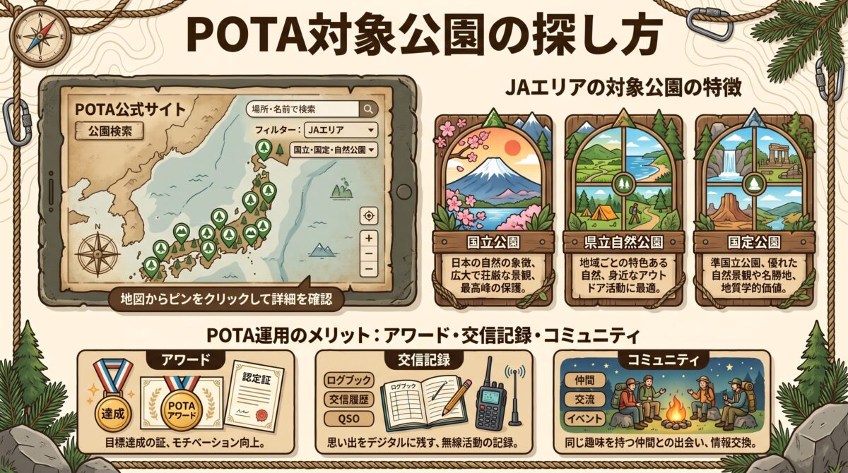 POTA対象公園の探し方を示すインフォグラフィック
