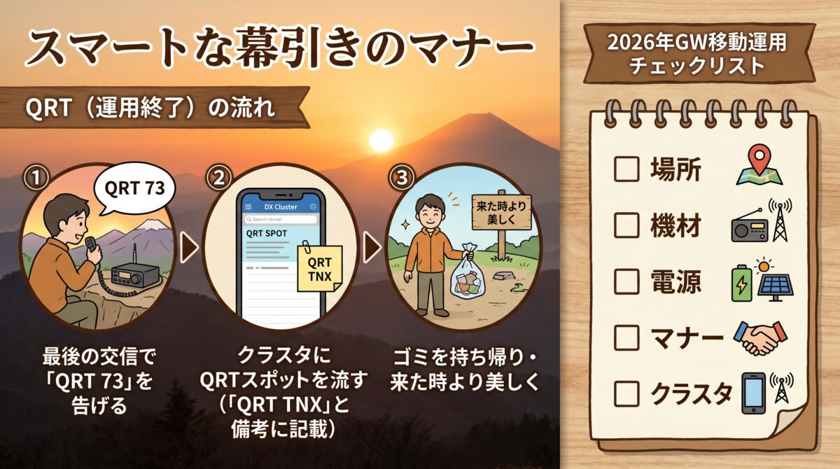 移動運用の幕引きマナーと連載まとめを示すインフォグラフィック