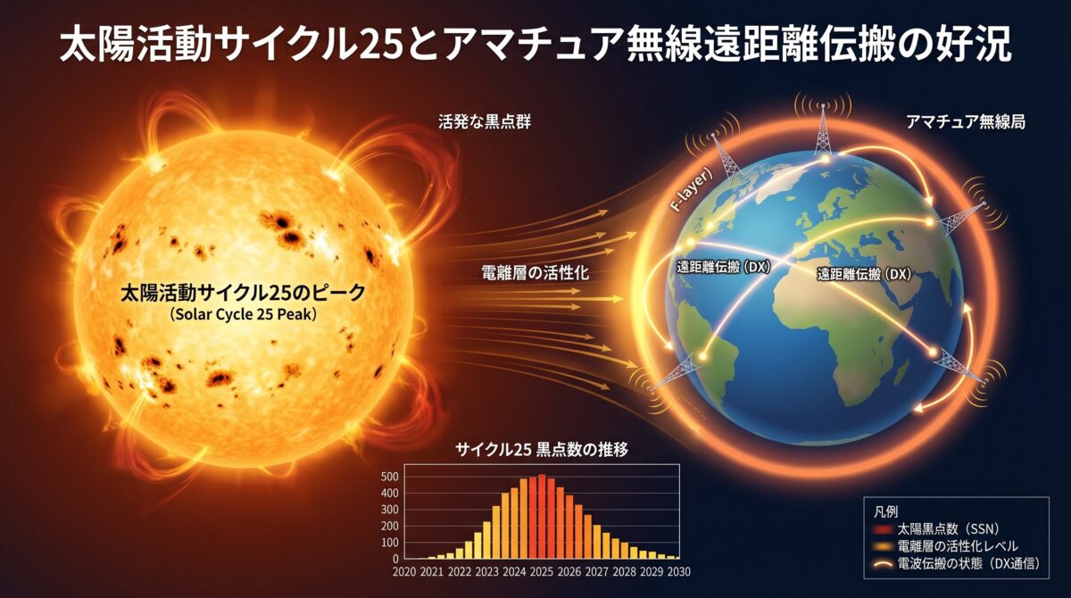 サイクル25のピークとアマチュア無線の電波伝搬の良さを表すインフォグラフィック