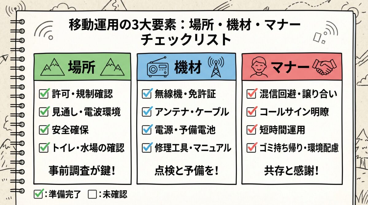 移動運用の3大要素「場所」「機材」「マナー」を示すチェックリスト風のインフォグラフィック