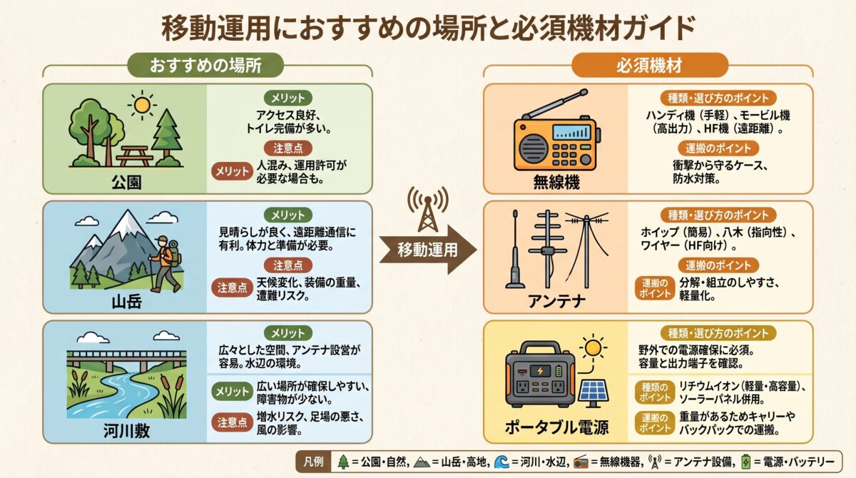移動運用におすすめの場所と必須機材をまとめたインフォグラフィック