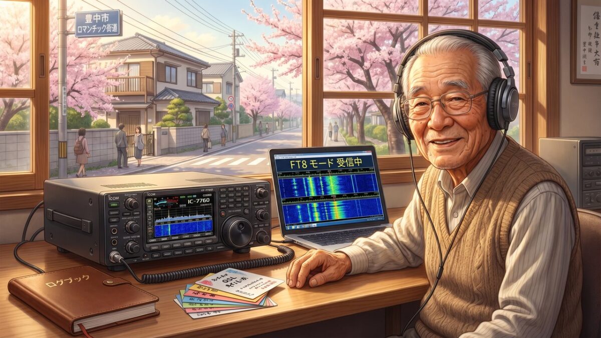 豊中市ロマンチック街道近くでIC-7760とFT8デジタルモードを楽しむJA3CGZ Ryo