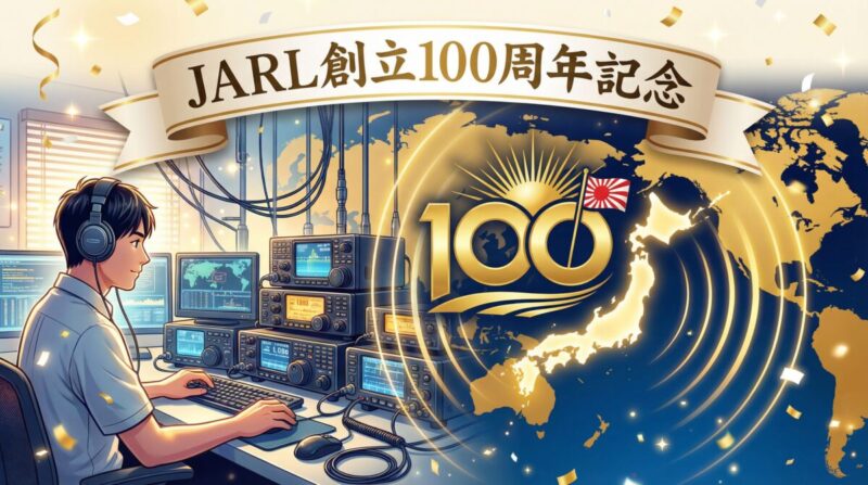 JARL創立100周年記念コンテスト・アワード特集のアイキャッチ画像。アマチュア無線と100周年記念を祝う祝賀イメージ。