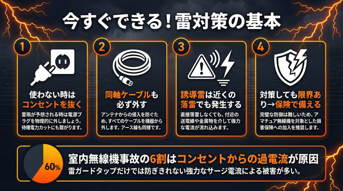 アマチュア無線家が今すぐできる雷対策の基本を示すインフォグラフィック。1.使わない時はコンセントを抜く 2.同軸ケーブルも必ず外す 3.誘導雷は近くの落雷でも発生する 4.対策しても限界あり→保険で備える。室内無線機事故の6割はコンセントからの過電流が原因という統計データも掲載。