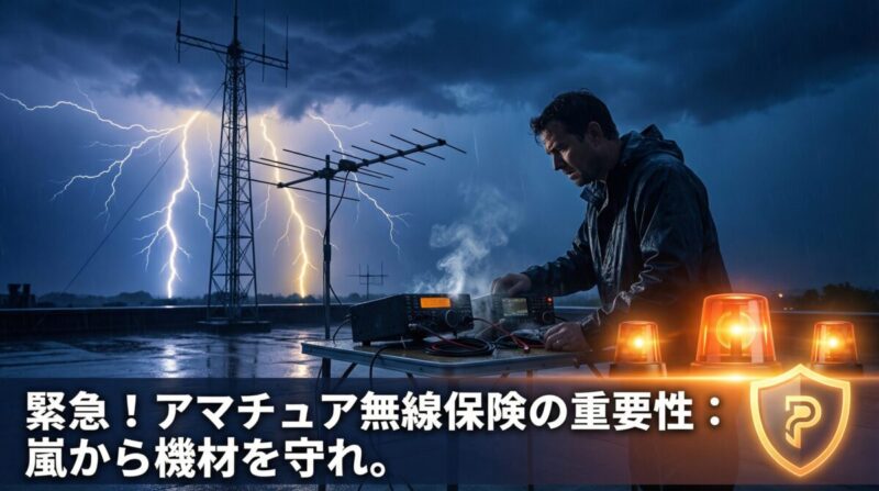 嵐の中でアンテナタワーに落雷が発生し、無線機から煙が上がっているシーン。JARL雷事故補償保険の重要性を訴えるアイキャッチ画像。