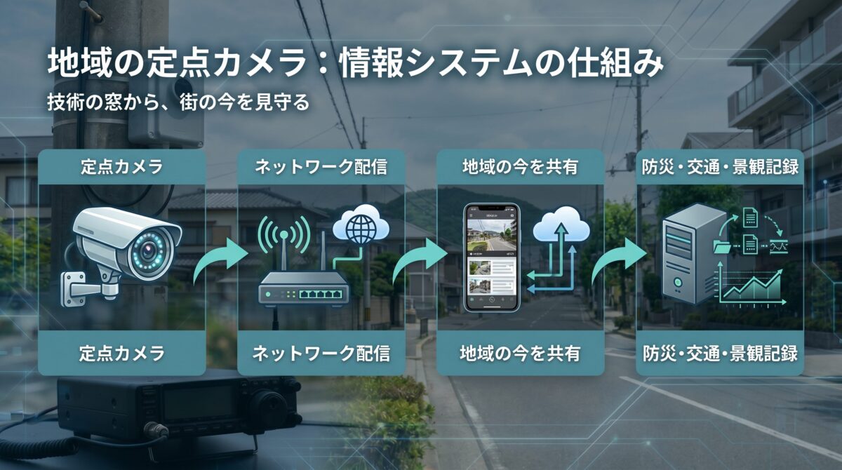 定点カメラ、ネットワーク配信、地域共有、記録活用を示すライブカメラ情報システム図