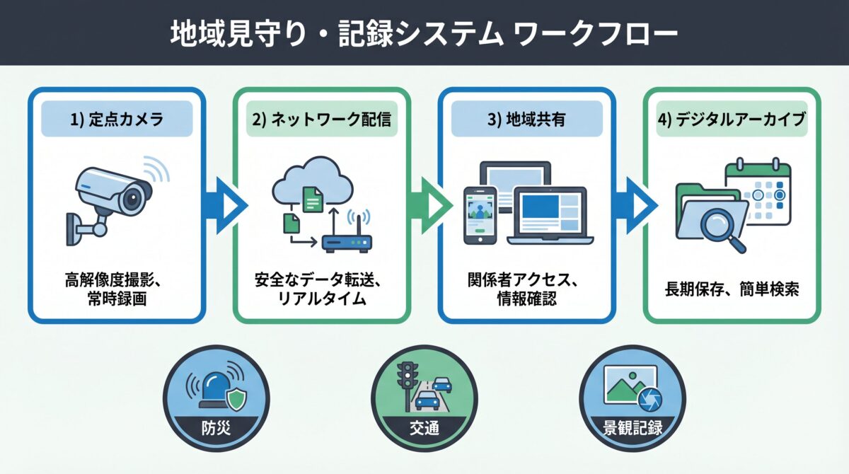 定点カメラからネットワーク配信、地域共有、デジタルアーカイブへつなぐワークフロー図
