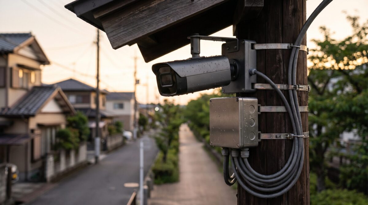 住宅街を見守る屋外ライブカメラとネットワーク機器の近接イメージ