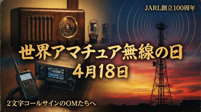 世界アマチュア無線の日4月18日・JARL創立100周年・2文字コールサインのOMたちへのアイキャッチ画像。昭和レトロな真空管式無線機と現代のトランシーバー、夕暮れのアンテナタワーのシルエット。
