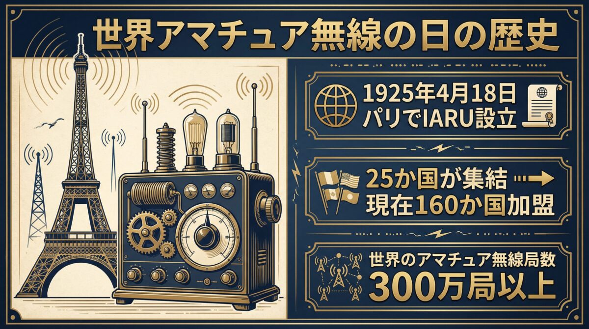 世界アマチュア無線の日の歴史を説明するインフォグラフィック。1925年4月18日パリでIARU設立、25か国が集結して現在160か国加盟、世界のアマチュア無線局数300万局以上という3つのポイントを図解。エッフェル塔と古い無線機のイラスト付き。