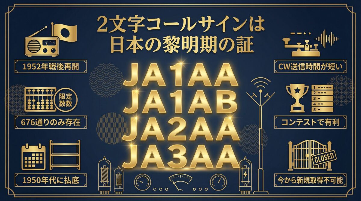 2文字コールサインは日本の黎明期の証を説明するインフォグラフィック。JA1AA、JA1AB、JA2AA、JA3AAなどの2文字コールサインをゴールデンカラーで表示。1952年戦後再開、676通りのみ存在、1950年代に払底、CW送信時間が短い、コンテストで有利、今から新規取得不可能という6つのポイントを図解。