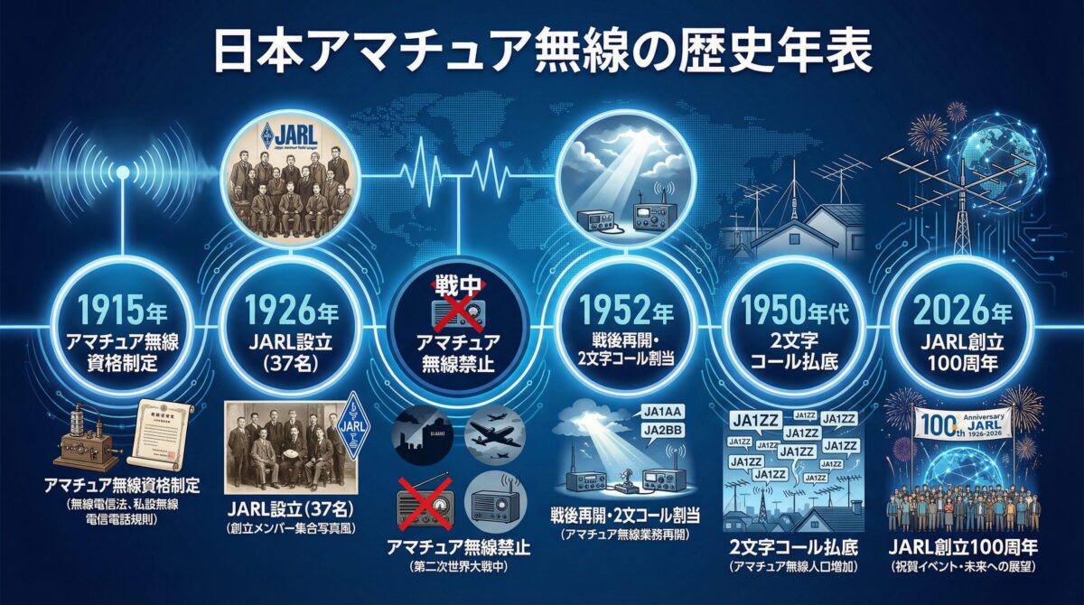 日本アマチュア無線の歴史年表インフォグラフィック。1915年アマチュア無線資格制定、1926年JARL設立(37名)、戦中アマチュア無線禁止、1952年戦後再開・2文字コール割当、1950年代2文字コール払底、2026年JARL創立100周年という6つのマイルストーンをタイムライン形式で図解。