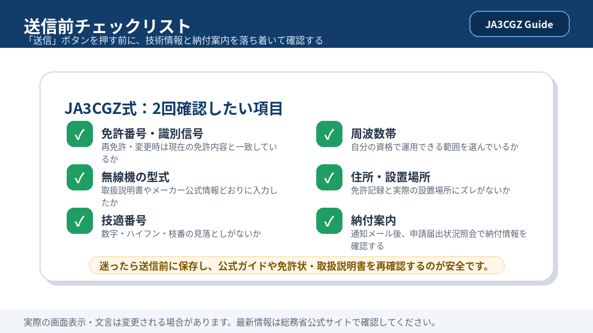 電子申請の送信前に確認したい免許番号・型式・技適番号・周波数帯のチェックリスト