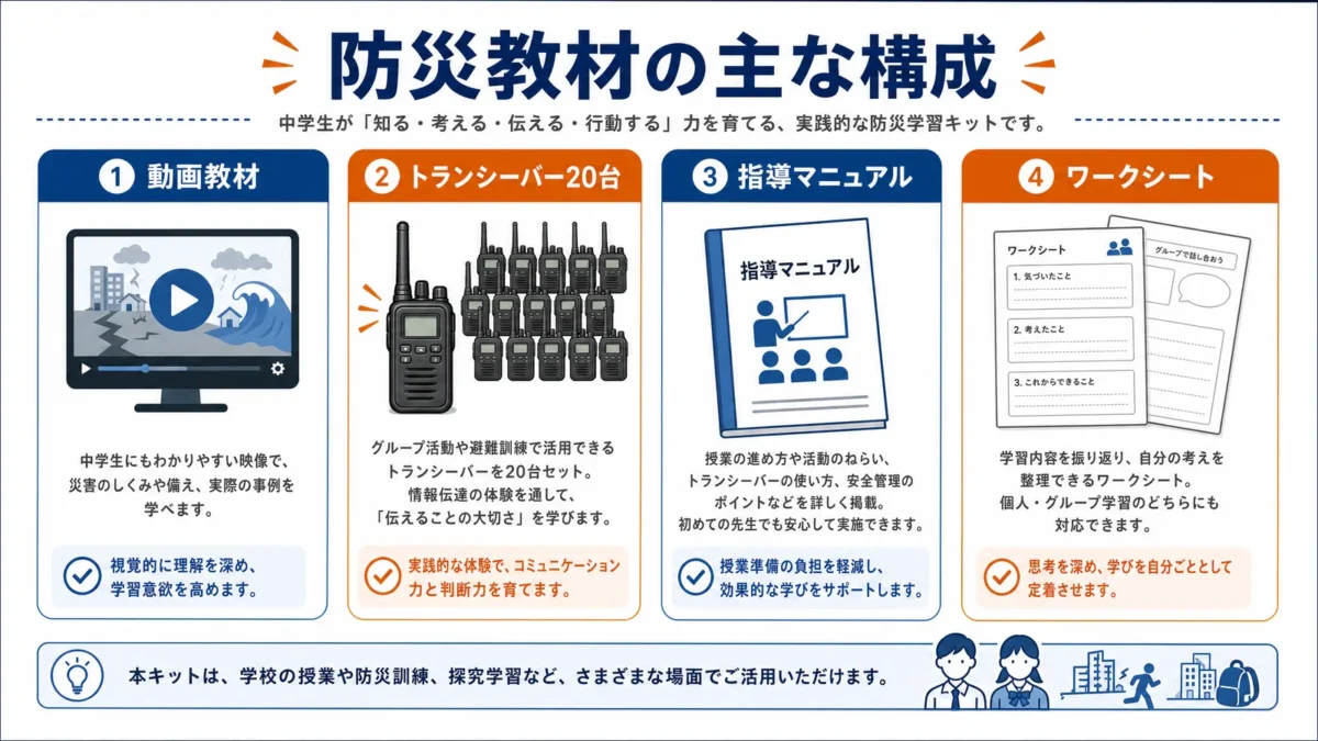アイコムの防災教材の特徴を整理した図