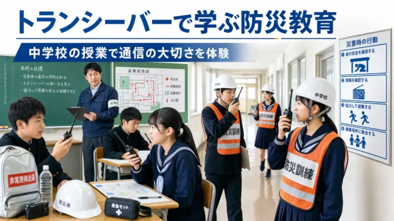 中学校の防災訓練で生徒がトランシーバーを使って連絡を取り合うイメージ