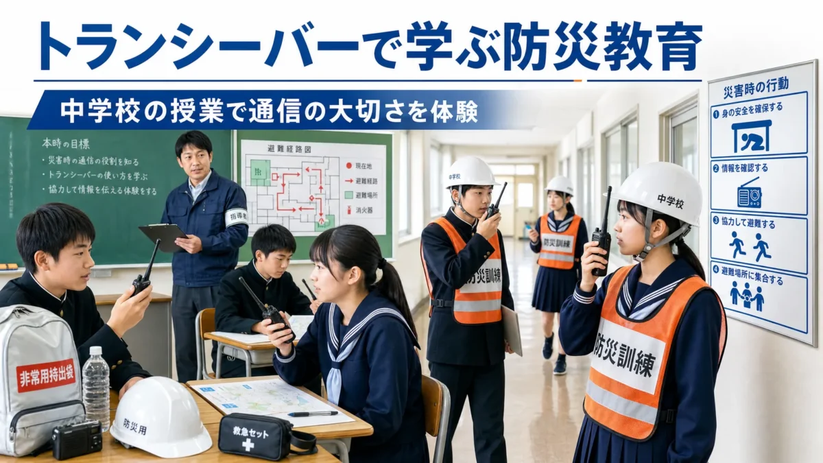 中学校の防災訓練で生徒がトランシーバーを使って連絡を取り合うイメージ