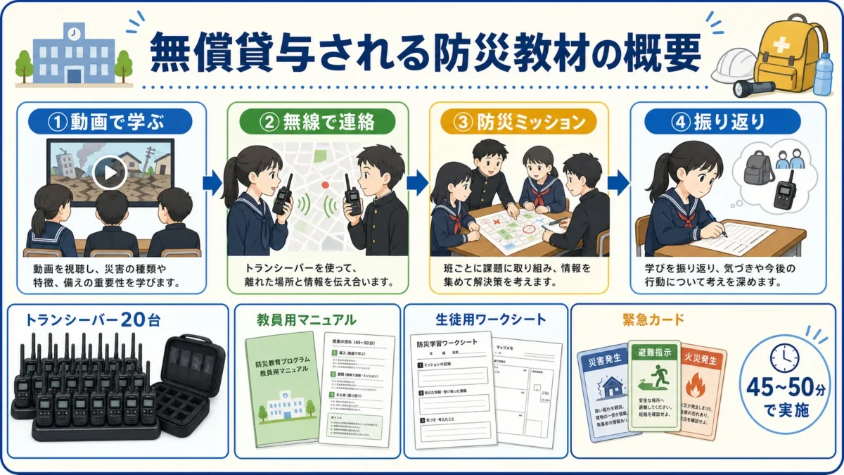 アイコムが無償貸与する防災教材の構成を示すインフォグラフィック