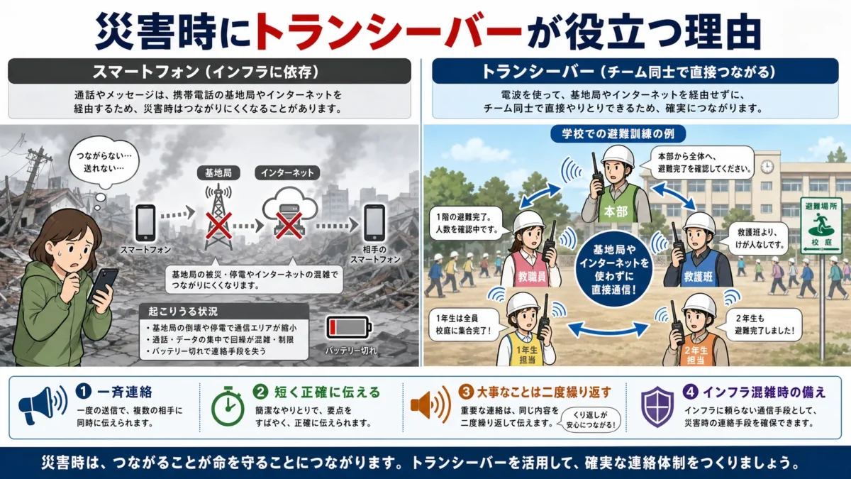 災害時にトランシーバーが役立つ理由をスマートフォンとの違いで示す図