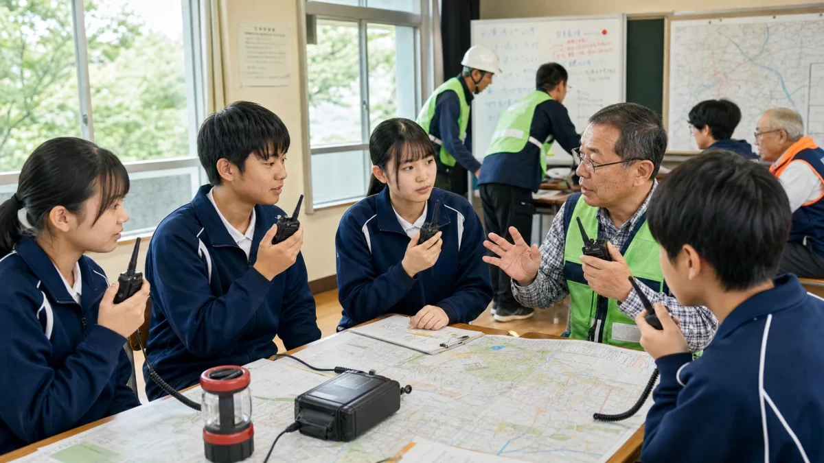 学校と地域の防災訓練でアマチュア無線家が無線体験を支援するイメージ