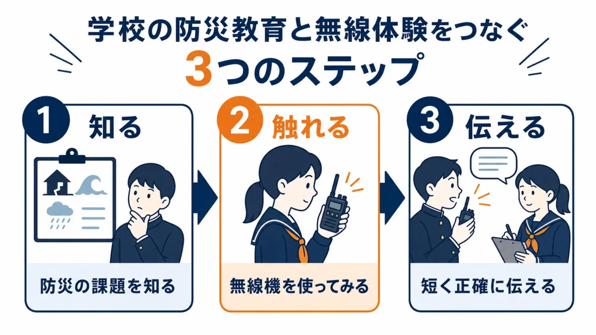 学校防災と無線体験をつなぐ三つの段階を示す図