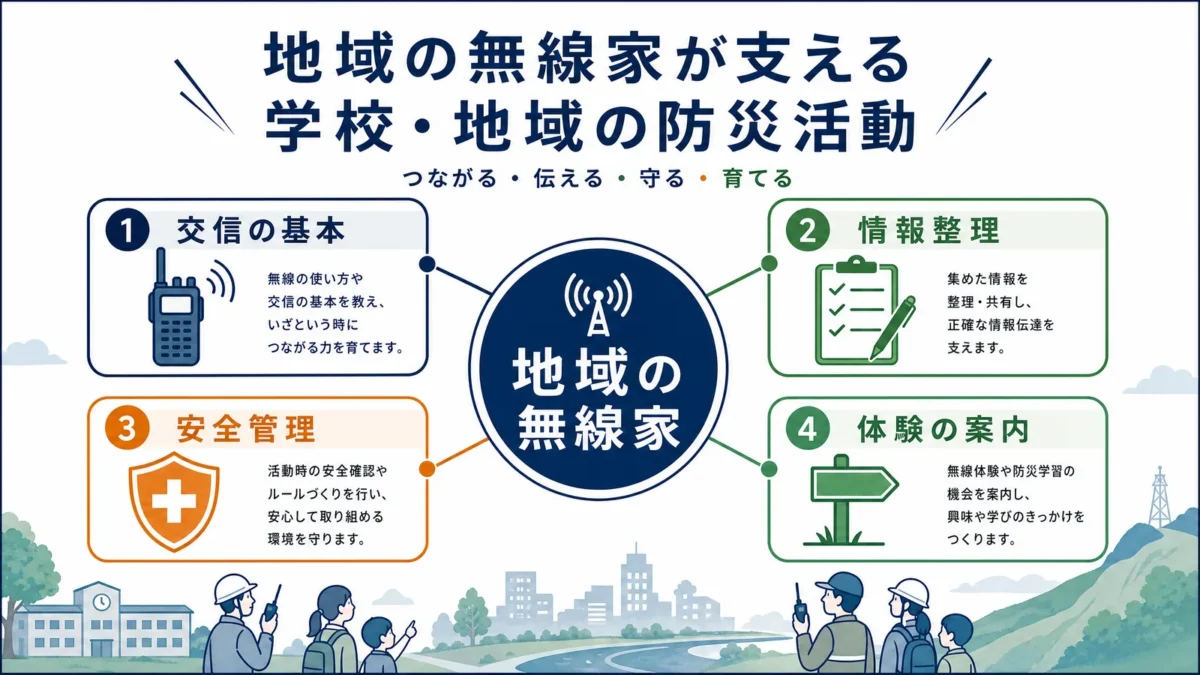 地域のアマチュア無線家が学校や防災会に協力できる内容を整理した図
