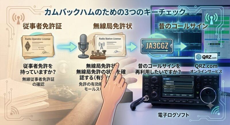 「START」ボタンから始まり、無線従事者免許証（ステップ1）、無線局免許状とアンテナ（ステップ2）、旧コールサイン看板（ステップ3）へと続く、3ステップのインフォグラフィック。青と緑を基調とした明るいフラットデザイン。