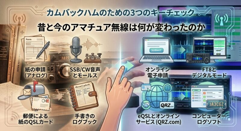 中央で分割されたアマチュア無線の進化図。左側（昔・アナログ）は紙の申請、SSB/CW、紙QSL、手書きログのレトロなアイコン。右側（今・デジタル）はオンライン申請、FT8、eQSL（QRZ.com）、PCログソフトのモダンなアイコン。