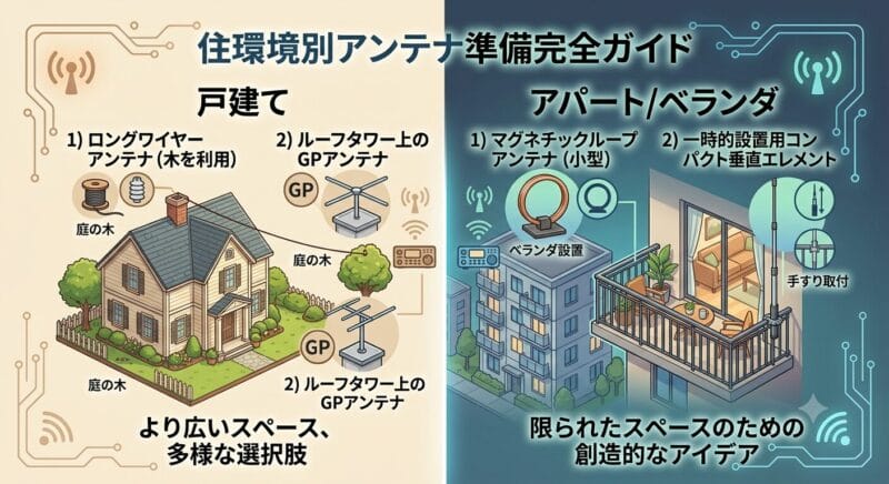 住環境別のアンテナ準備ガイド図。「戸建て」セクションでは、ロングワイヤーとルーフタワーGPアンテナを備えた家。「アパート/ベランダ」セクションでは、小型マグネチックループと一時設置用垂直エレメントを備えたモダンなアパート。