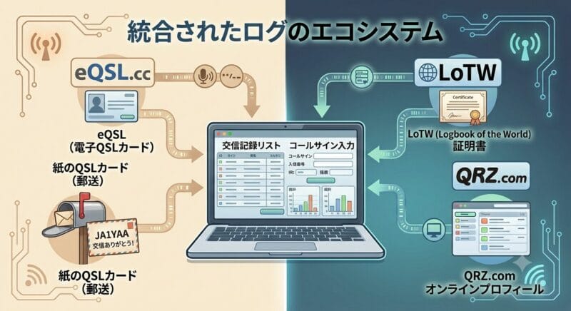 中央にPCログソフトを表示したノートパソコンがあり、そこからデータストリームが、ポスト（紙QSL）、eQSL.cc、QRZ.com、LoTWへと繋がる。同期と統合を示す、セミフラットなデジタルイラスト。