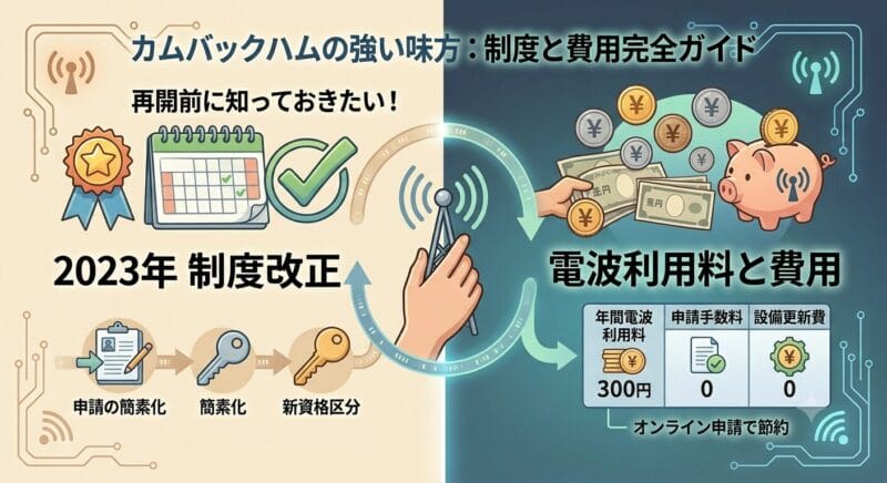 カムバックハムが知っておくべきアマチュア無線の2023年制度改正と電波利用料費用のイメージイラスト
