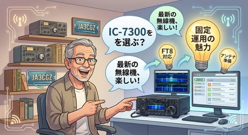 最新のアマチュア無線機選びを楽しむシニア無線家とIC-7300のイラスト