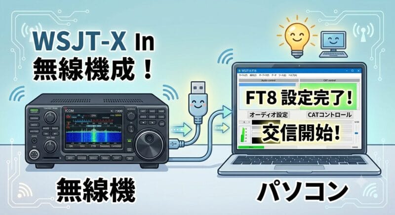 無線機とパソコンをUSBケーブルで接続してFT8の設定を完了した楽しげなイラスト