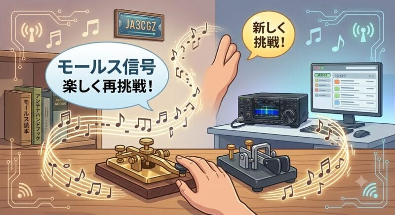 モールス電鍵（パドル）と「楽しく再挑戦！」という日本語が入ったCW学習のイメージイラスト