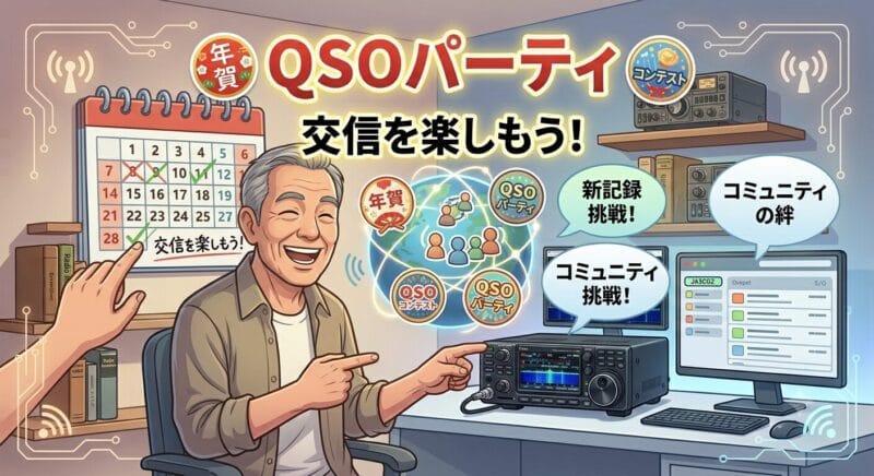 QSOパーティやコンテストで楽しく交信を重ねるアマチュア無線家の賑やかなイラスト