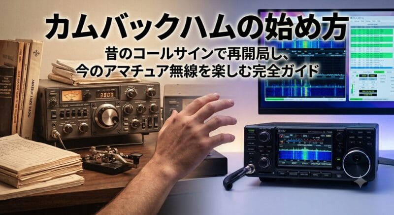 1980年代のアナログ無線機とモールスキー、紙のログブックが並ぶシャック（左）から、IC-7300やFT8ソフトを表示したモニターが並ぶ現代のデジタルシャック（右）へ、手が伸びて時代を繋ぐアートフォト。