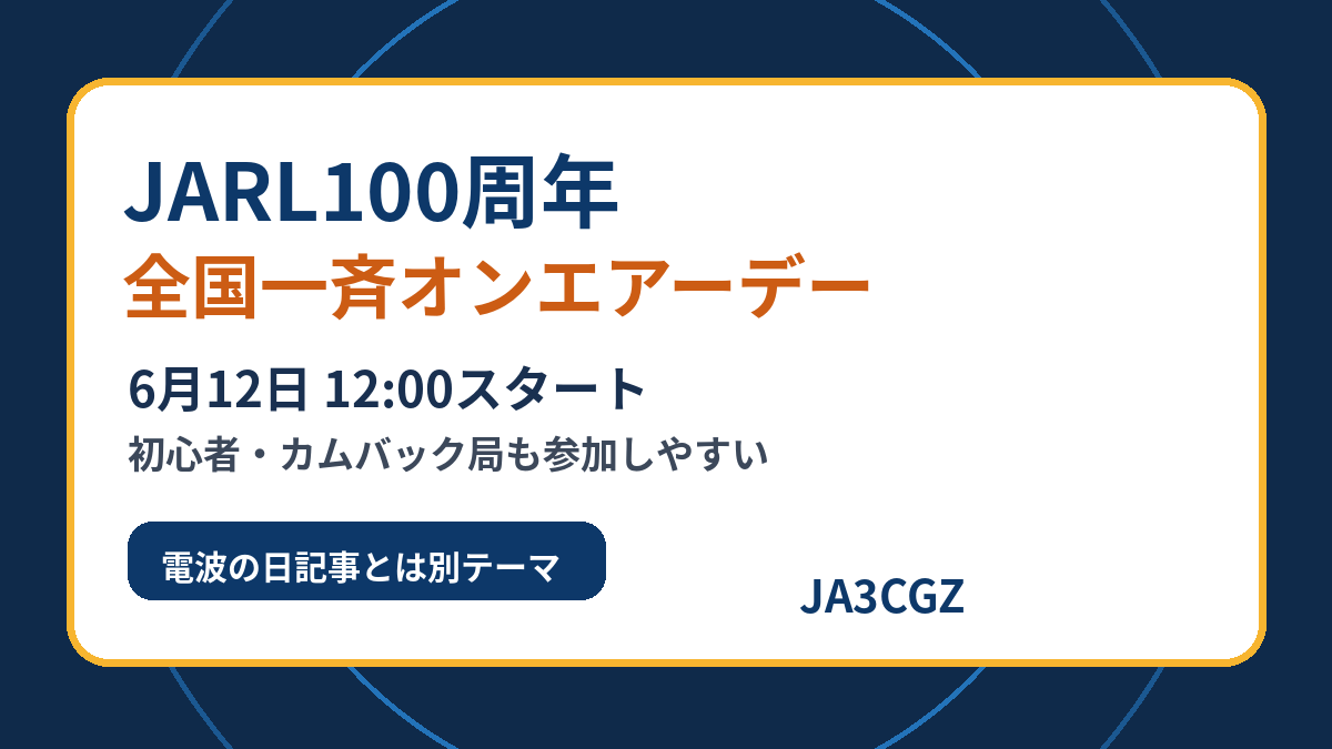 JARL100周年の全国一斉オンエアーデーを知らせるアイキャッチ画像