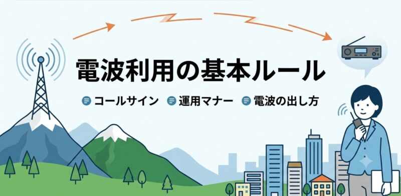アマチュア無線の電波利用ルールやマナー、呼出符号(コールサイン)の基礎知識を示す図