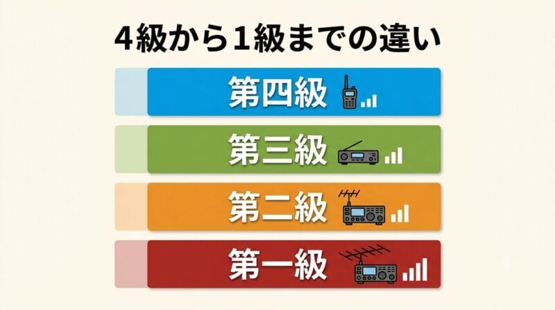 アマチュア無線技士の第四級から第一級までの特徴と扱える出力の違いを比較した一覧図