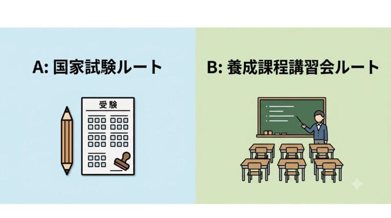 国家試験を受験するルートと、養成課程講習会を受講するルートの2つの特徴を比較したイラスト