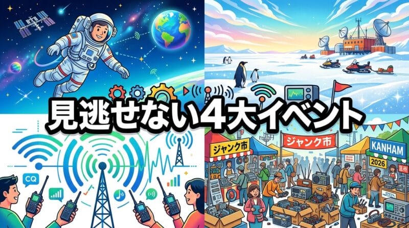 大西宇宙飛行士の講演会、南極イベント、災害FM、ジャンク市を表すイラスト