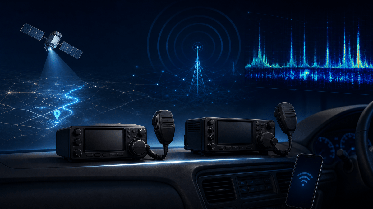 APRS、GPS、衛星通信、ウォーターフォール、スマートフォン連携を持つデジタルモービル機の比較イメージ