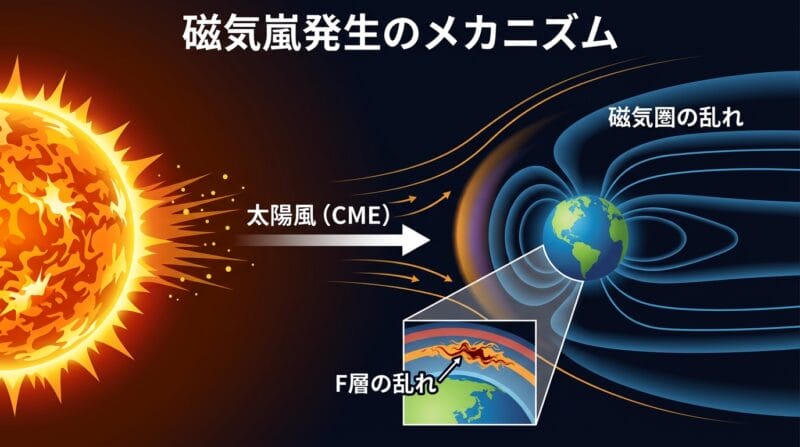 磁気嵐が発生するメカニズムと地球電離層への影響図解