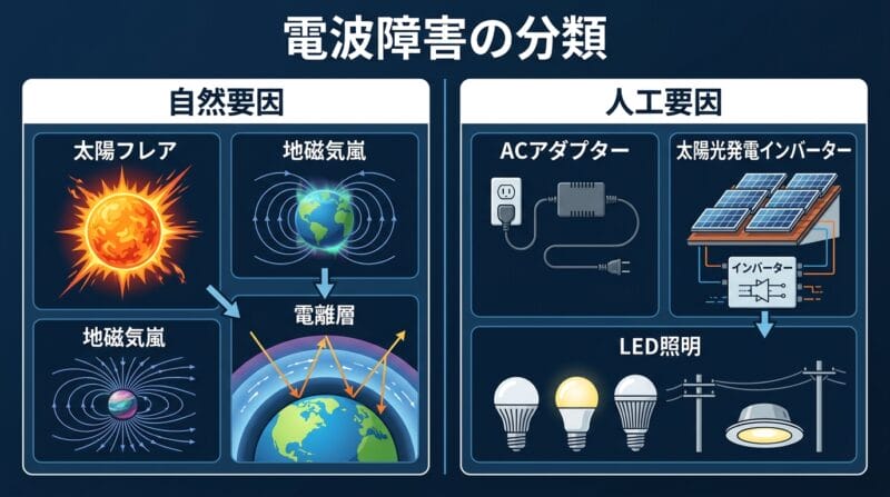 電波障害の分類（自然要因と人工要因）を示した比較インフォグラフィック