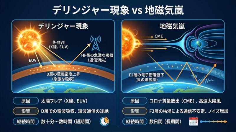 デリンジャー現象と地磁気嵐（電離圏負相嵐）のメカニズム比較図